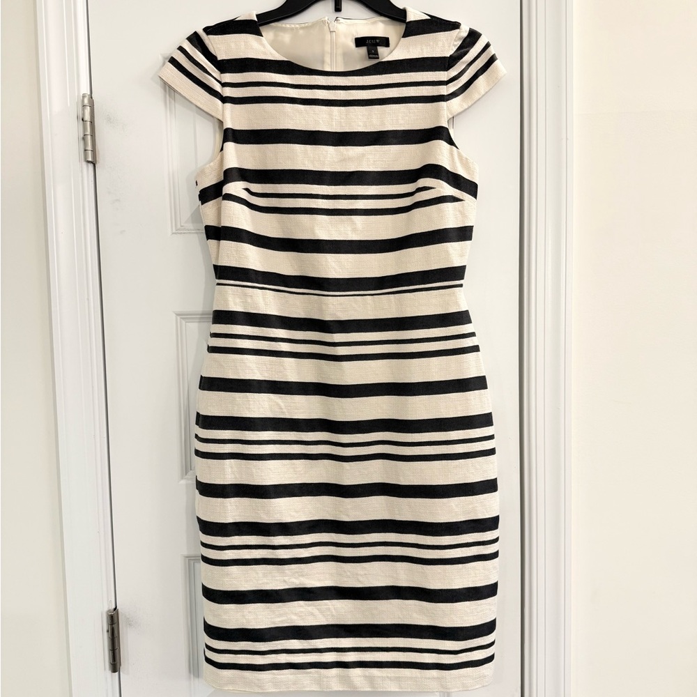 J. Crew Black and Ivory Striped Cap Sleeve Sheath Dress Size 2